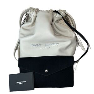 Authentic Saint Laurent  Lamb Drawstring Teddy Bucket Bag Tote with Suede Wallet